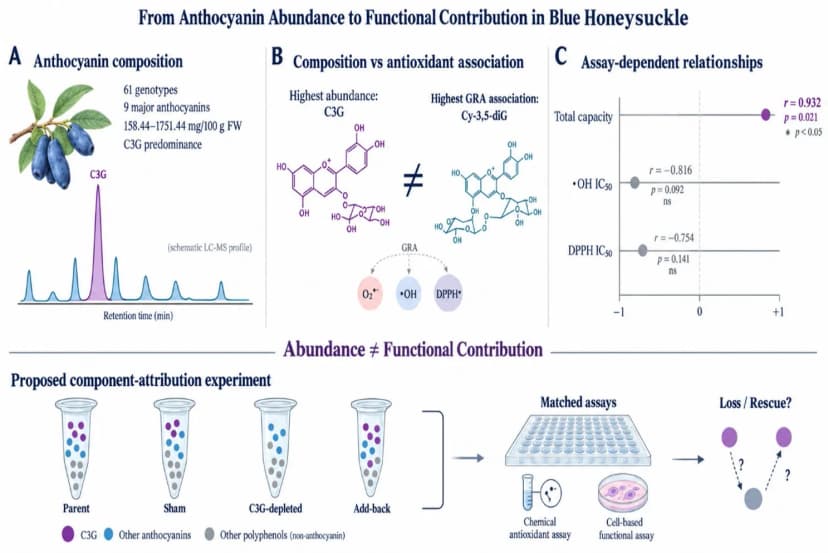 Antioxidant and Anti–Inflammatory Effects of Blue Honeysuckle Anthocyanins: From Compositional Predominance to Functional Attribution